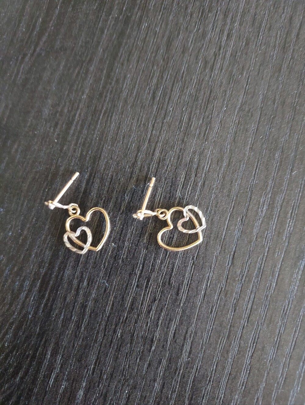 Gold Heart Dangle Earrings - Double Heart Design - Picture 2 of 2